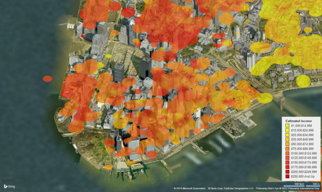 Income in Manhattan projected over Aerial Photos